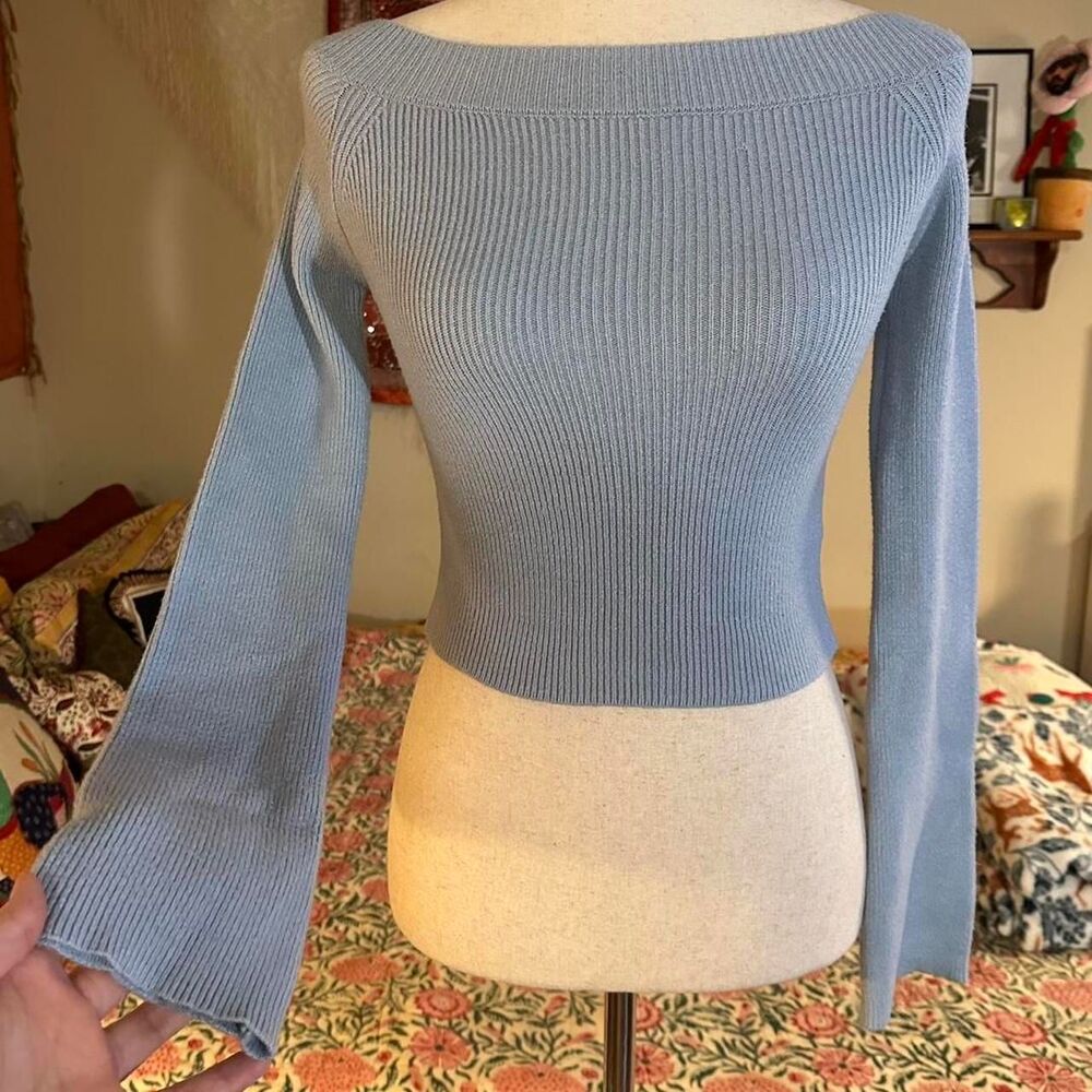 Beverly and Beck PacSun Baby Blue Ribbed Cropped Bell Sleeve Sweater